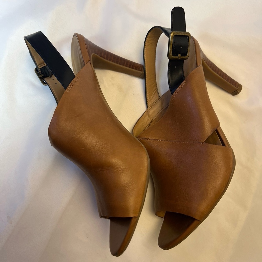 Franco Sarto Heels Women 9.5 M Quatrain Brown Leather Peep Toe Black Slingback - Picture 8 of 9
